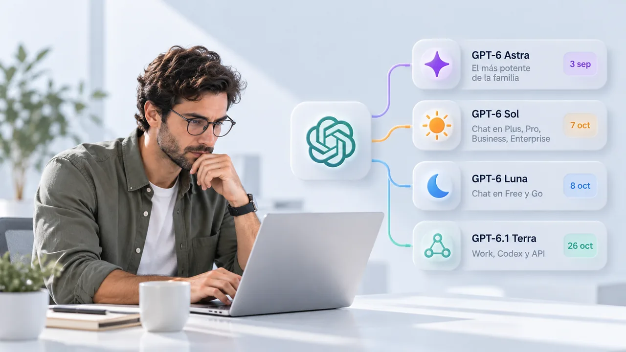 Profesional pensativo ante su portátil junto a la familia GPT-6 de ChatGPT: Astra, Sol, Luna y GPT-6.1 Terra con sus fechas