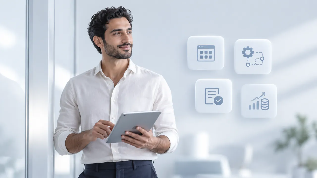 Directivo con una tableta junto a iconos de agenda, proceso automatizado, documento aprobado y crecimiento de ingresos
