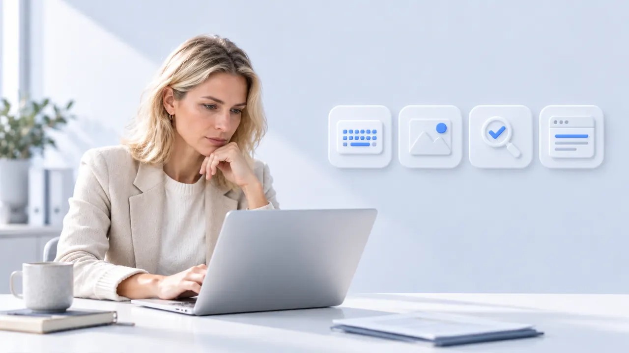 Small business owner reviewing her website’s accessibility on her laptop, next to icons for keyboard use, image alt text, verification and a web page