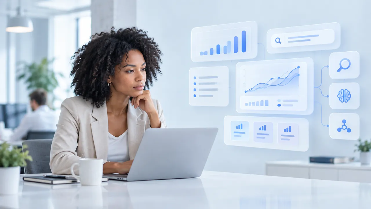Responsable de marketing revisando en su portátil paneles de búsqueda, tendencia de tráfico y presencia en IA: los datos con los que el agente IA ROI calcula tu presupuesto SEO