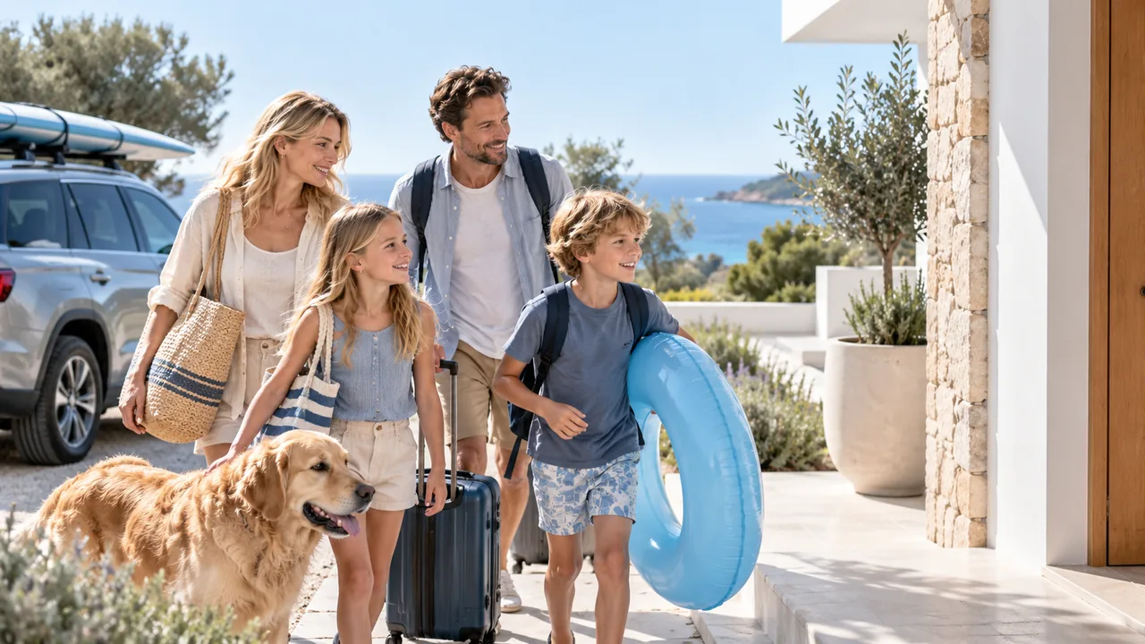 Family arriving by car at their holiday villa by the sea with suitcases, a rubber ring and their dog: the booking IA Ocupación’s 3D simulation shows