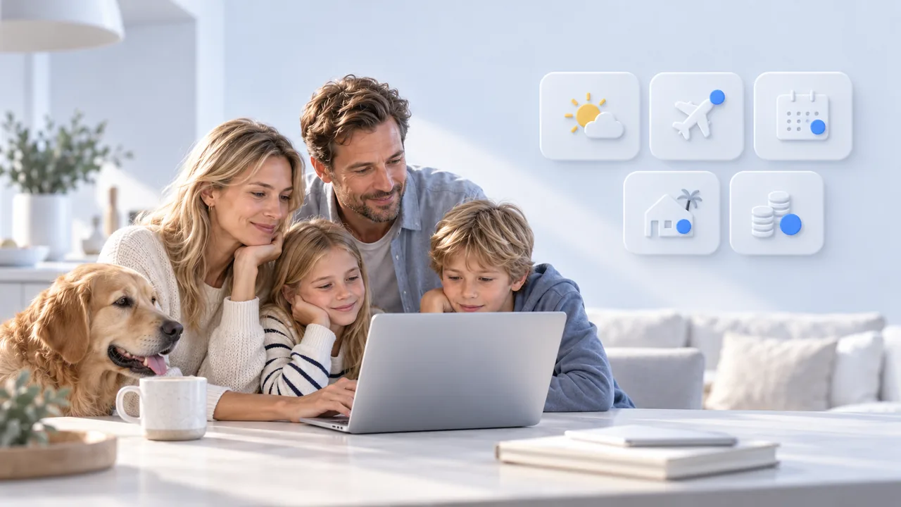 Family deciding on a laptop whether to book a holiday, with icons for weather, flights, the holiday calendar, the villa and the price: the factors behind hotel demand forecasting