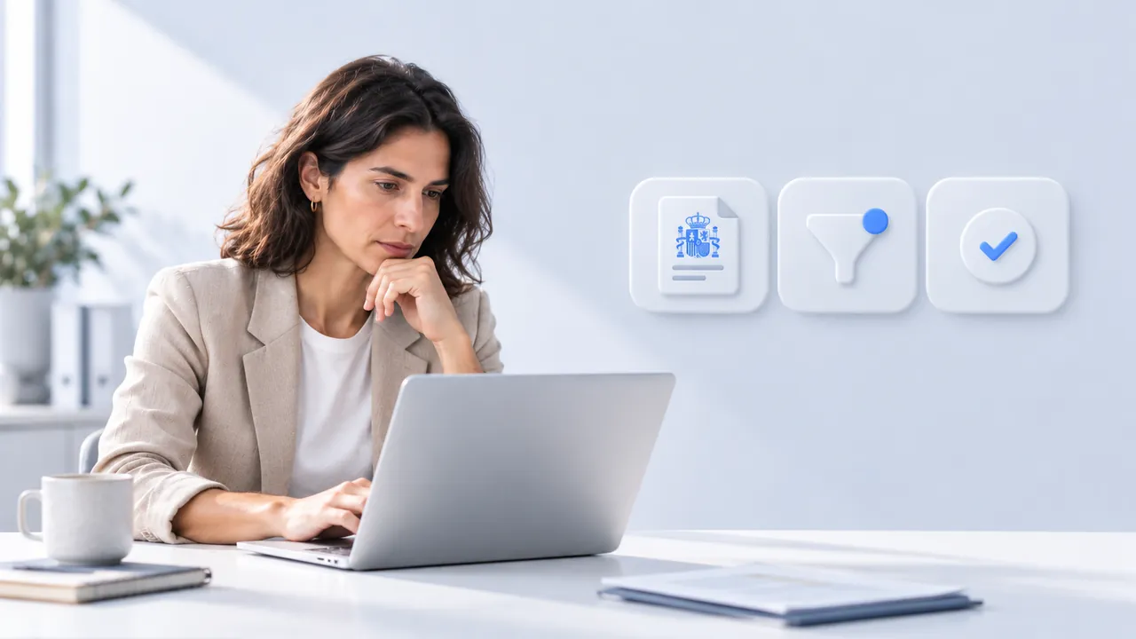 Advisor checking on her laptop which entries of Spain’s official gazette (BOE) affect her small business, next to the agent’s icons: gazette, filter and check