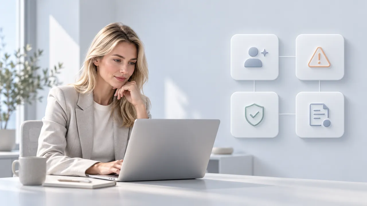 Professional reviewing the risk tier of her AI use, with icons for affected people, a risk warning, protection and documentation
