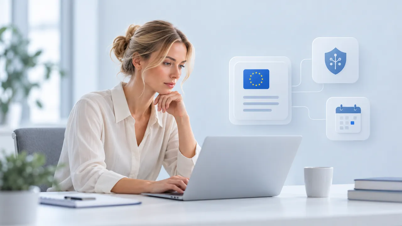 Small business owner checking on her laptop what the EU AI Act requires of her, next to the IA RIA icons: official EU text, compliance and timeline