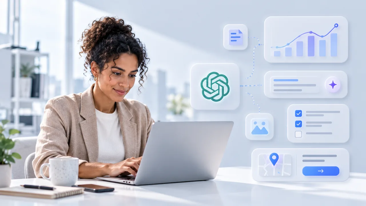 Profesional trabajando en su portátil con ChatGPT junto a respuestas con gráficos, formularios, imágenes y un mapa