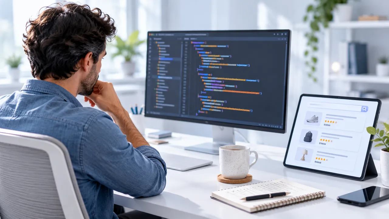 Desarrollador revisando código de datos estructurados en un monitor junto a una tablet con resultados de búsqueda con valoraciones y precios