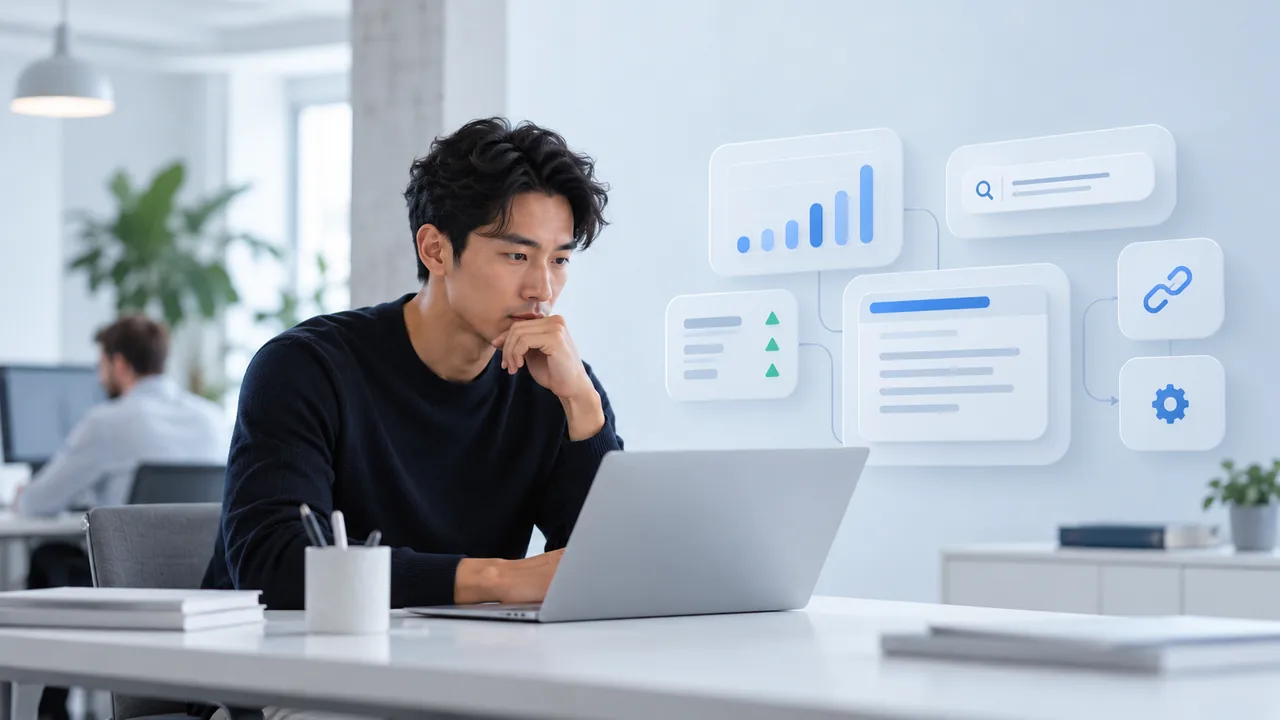Profesional analizando datos de SEO con IA en un portátil, con paneles de rendimiento, búsqueda, enlaces y ajustes conectados entre sí