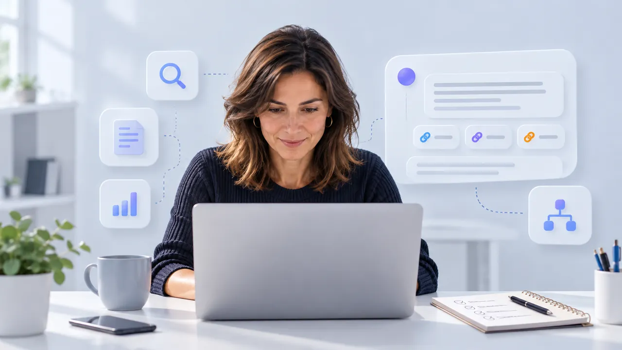 Profesional trabajando en su portátil rodeada de paneles de búsqueda, documentos, enlaces y métricas que representan la visibilidad en IA
